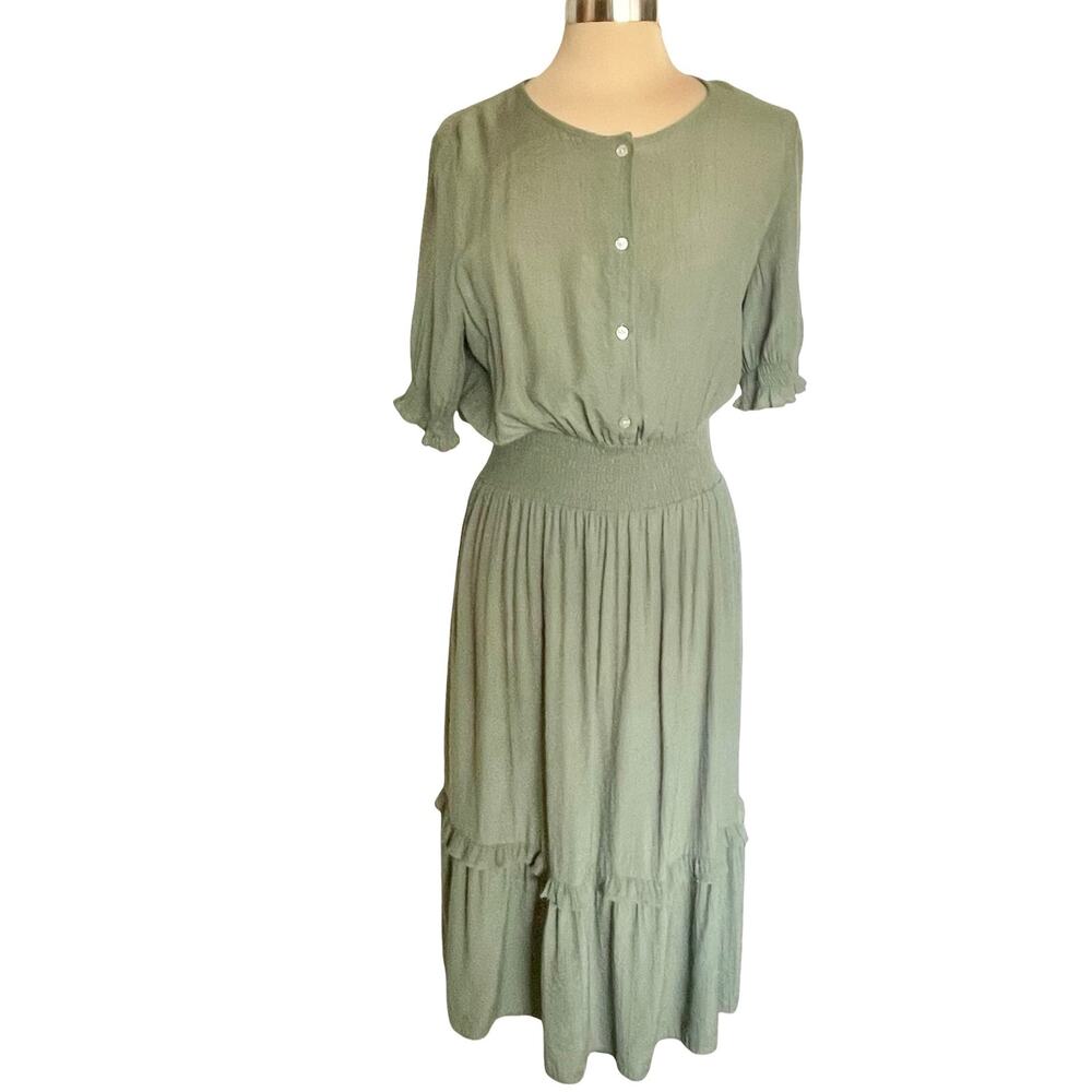 Nanette Lepore Green Tiered Gauzy Dress Size 12 Puff Sleeves Peasant Cottagecore